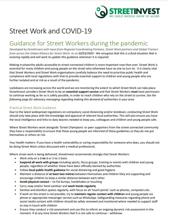 A screenshot of the first page of the COVID-19 guidance paper for street workers.