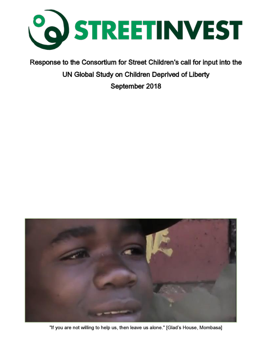 Cover of the StreetInvest submission to the UN global study of children deprived of liberty